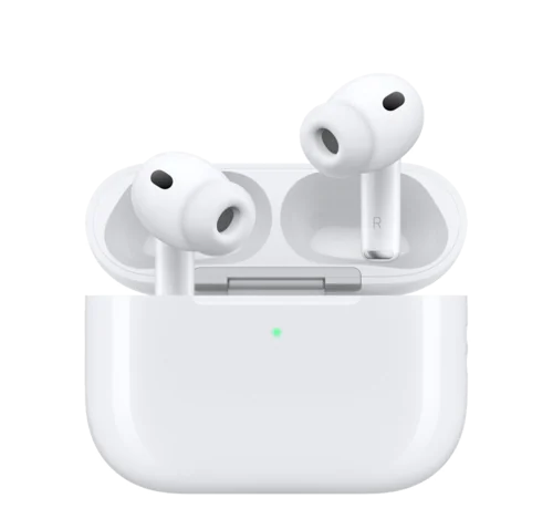 AirPods Pro earbuds resting in an open white charging case