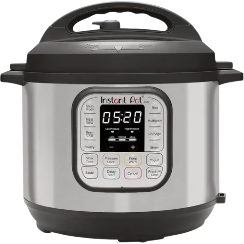 Stainless steel Instant Pot multicooker with a digital display