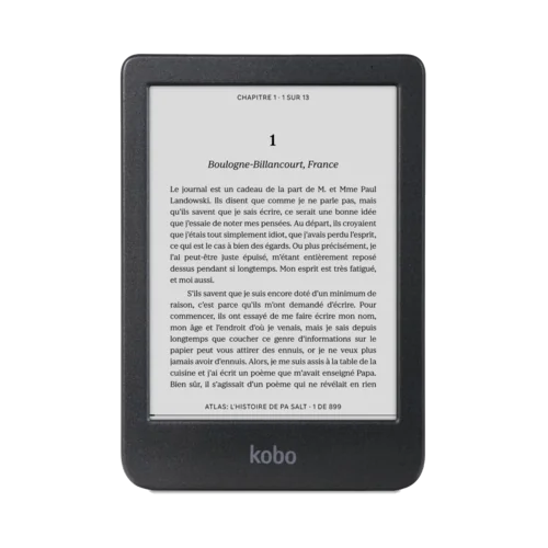 Kobo Clara B/W e-reader displaying a page of French text