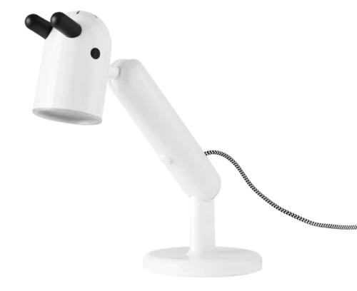 IKEA KRUX desk lamp, a white adjustable lamp shaped like a dog