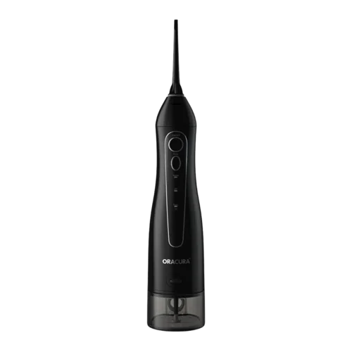 Black cordless ORACURA water flosser standing upright